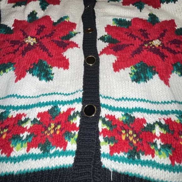 Ugly Christmas Sweater Poinsettias Cardigan Vintage High Gate Ltd Size M - Picture 2 of 6